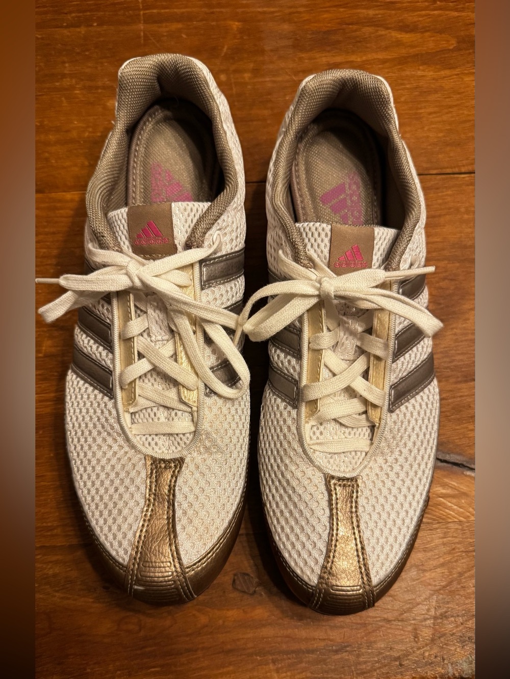 Adidas Women's, Brand New, Cream and Gold Athletic Sneakers with Pink Logo